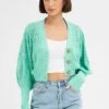 Green Knit Cardigan Long Sleeve Crop -Women Clothing Shop KN2297 12PB MINT 1