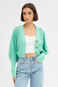 Green Knit Cardigan Long Sleeve Crop