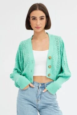 Green Knit Cardigan Long Sleeve Crop -Women Clothing Shop KN2297 12PB MINT 3