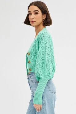 Green Knit Cardigan Long Sleeve Crop -Women Clothing Shop KN2297 12PB MINT 4