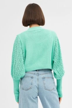 Green Knit Cardigan Long Sleeve Crop -Women Clothing Shop KN2297 12PB MINT 5