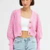 Pink Knit Cardigan Long Sleeve Crop -Women Clothing Shop KN2297 12PB PINK 1