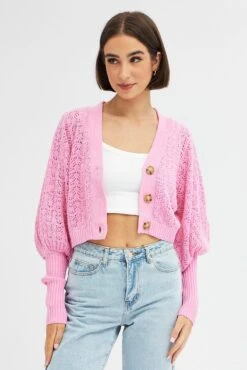 Pink Knit Cardigan Long Sleeve Crop