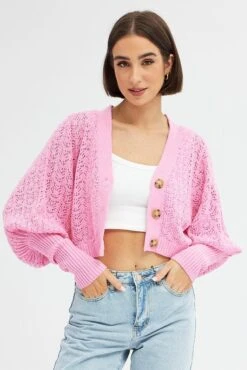 Pink Knit Cardigan Long Sleeve Crop -Women Clothing Shop KN2297 12PB PINK 3