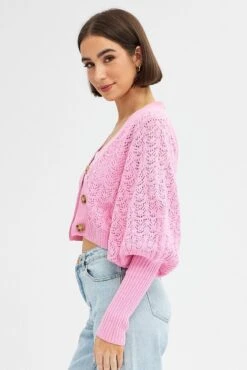 Pink Knit Cardigan Long Sleeve Crop -Women Clothing Shop KN2297 12PB PINK 4