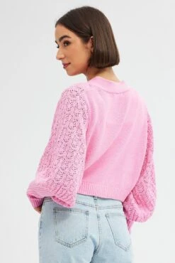 Pink Knit Cardigan Long Sleeve Crop -Women Clothing Shop KN2297 12PB PINK 5