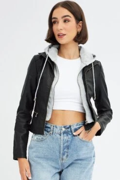 Black Faux Leather Jacket Long Sleeve Hoodie -Women Clothing Shop OJ1780 66 BLACK 3