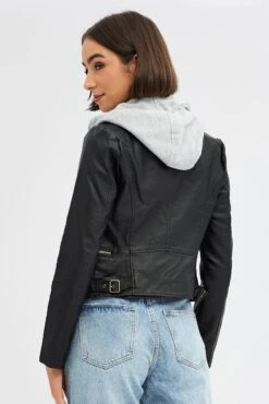 Black Faux Leather Jacket Long Sleeve Hoodie -Women Clothing Shop OJ1780 66 BLACK 5