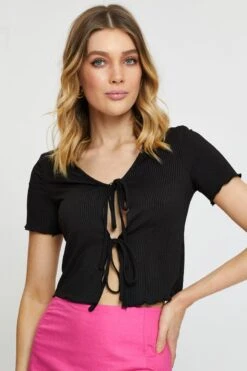 Black Crop Cardigan Short Sleeve Tie Front 10 Black Crop Cardigan Short Sleeve Tie Front -Women Clothing Shop basic cardigan black crop cardigan short sleeve tie front 32965157552321