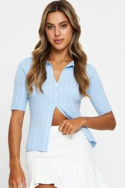 Blue Short Sleeve Collar Knit Cardigan -Women Clothing Shop basic cardigan blue short sleeve collar knit cardigan 32967226753217