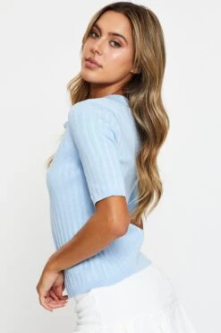 Blue Short Sleeve Collar Knit Cardigan -Women Clothing Shop basic cardigan blue short sleeve collar knit cardigan 32967226785985