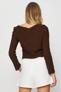 Brown Crop Cardigan Long Sleeve Tie Front -Women Clothing Shop basic cardigan brown crop cardigan long sleeve tie front 32965159354561