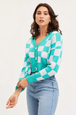 Check Knit Cardigan Long Sleeve Crop V-Neck -Women Clothing Shop basic cardigan check knit cardigan long sleeve crop v neck 32965138088129