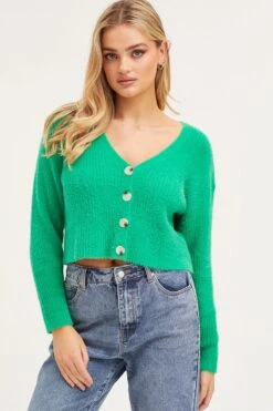 Green Knit Cardigan Long Sleeve Crop V-Neck -Women Clothing Shop basic cardigan green knit cardigan long sleeve crop v neck 32965133762753