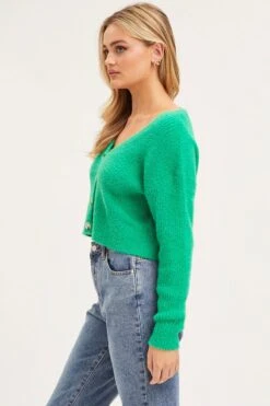 Green Knit Cardigan Long Sleeve Crop V-Neck -Women Clothing Shop basic cardigan green knit cardigan long sleeve crop v neck 32965133795521