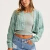 Green Knit Cardigan Long Sleeve V-Neck Cable