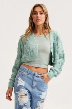 Green Knit Cardigan Long Sleeve V-Neck Cable -Women Clothing Shop basic cardigan green knit cardigan long sleeve v neck cable 32965137891521