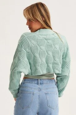 Green Knit Cardigan Long Sleeve V-Neck Cable -Women Clothing Shop basic cardigan green knit cardigan long sleeve v neck cable 32965137957057