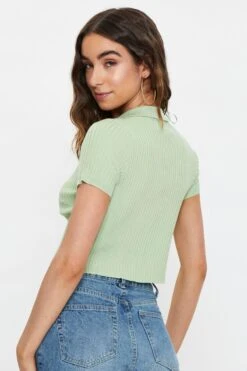 Green Short Sleeve Collared Knit Cardigan -Women Clothing Shop basic cardigan green short sleeve collared knit cardigan 32965142380737