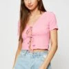 Pink Crop Cardigan Short Sleeve Tie Front 1 Pink Crop Cardigan Short Sleeve Tie Front -Women Clothing Shop basic cardigan pink crop cardigan short sleeve tie front 32967230193857