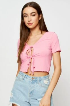 Pink Crop Cardigan Short Sleeve Tie Front -Women Clothing Shop basic cardigan pink crop cardigan short sleeve tie front 32967230292161