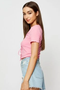 Pink Crop Cardigan Short Sleeve Tie Front -Women Clothing Shop basic cardigan pink crop cardigan short sleeve tie front 32967230357697