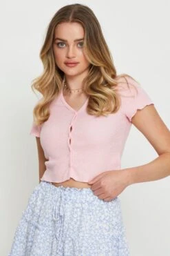 Pink Crop Cardigan Short Sleeve Waffle -Women Clothing Shop basic cardigan pink crop cardigan short sleeve waffle 32967232323777