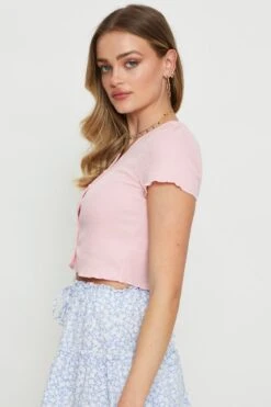 Pink Crop Cardigan Short Sleeve Waffle -Women Clothing Shop basic cardigan pink crop cardigan short sleeve waffle 32967232356545