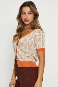 Print Knit Top Short Sleeve -Women Clothing Shop basic cardigan print knit top short sleeve 33006710063297