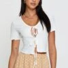 White Crop Cardigan Short Sleeve Tie Front -Women Clothing Shop basic cardigan white crop cardigan short sleeve tie front 32965158863041