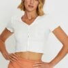 White Crop Cardigan Short Sleeve Waffle -Women Clothing Shop basic cardigan white crop cardigan short sleeve waffle 32965160239297