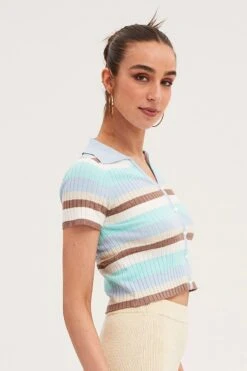 Blue Stripe Crop Cardigan Short Sleeve Knit -Women Clothing Shop basic knit blue stripe crop cardigan short sleeve knit 33140697301185