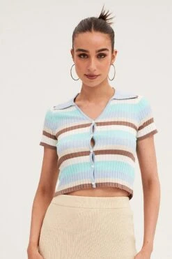 Blue Stripe Crop Cardigan Short Sleeve Knit -Women Clothing Shop basic knit blue stripe crop cardigan short sleeve knit 33140697661633