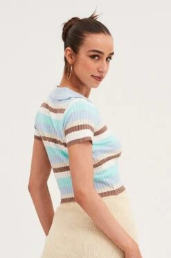 Blue Stripe Crop Cardigan Short Sleeve Knit -Women Clothing Shop basic knit blue stripe crop cardigan short sleeve knit 33140697694401