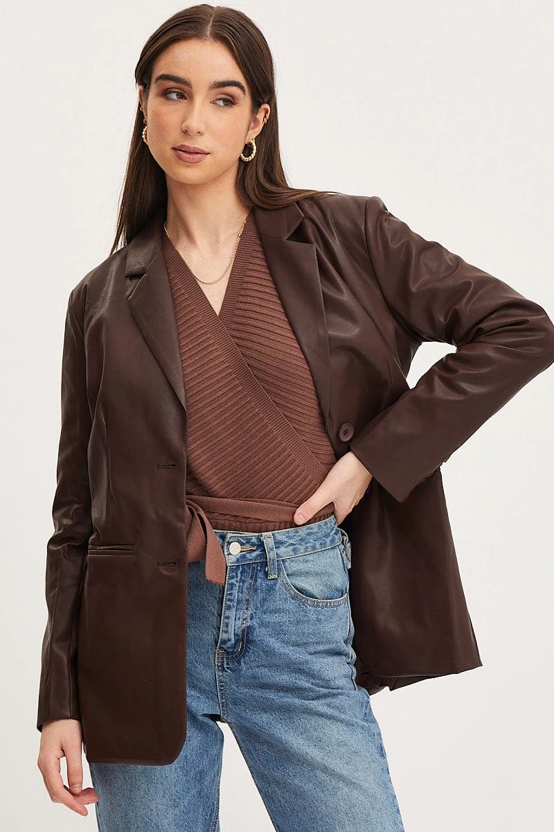 Brown Faux Leather Jacket Long Sleeve 3 Brown Faux Leather Jacket Long Sleeve