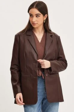 Brown Faux Leather Jacket Long Sleeve 10 Brown Faux Leather Jacket Long Sleeve -Women Clothing Shop blazer brown faux leather jacket long sleeve 32966634275009