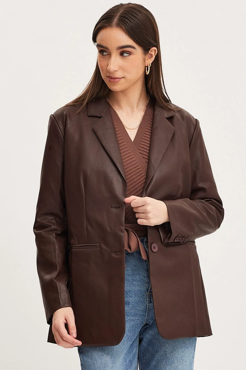 Brown Faux Leather Jacket Long Sleeve 5 Brown Faux Leather Jacket Long Sleeve - Image 3