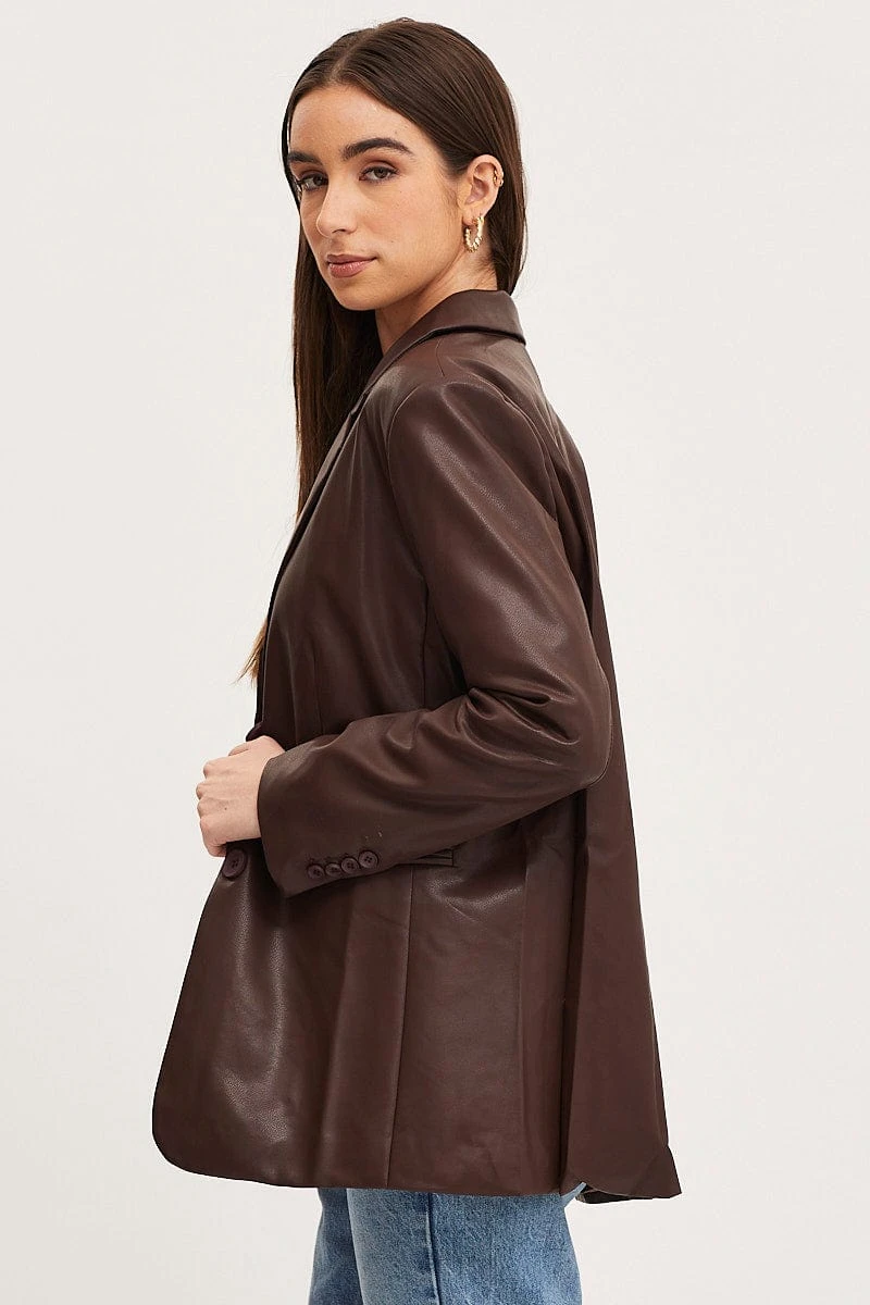 Brown Faux Leather Jacket Long Sleeve 6 Brown Faux Leather Jacket Long Sleeve - Image 4