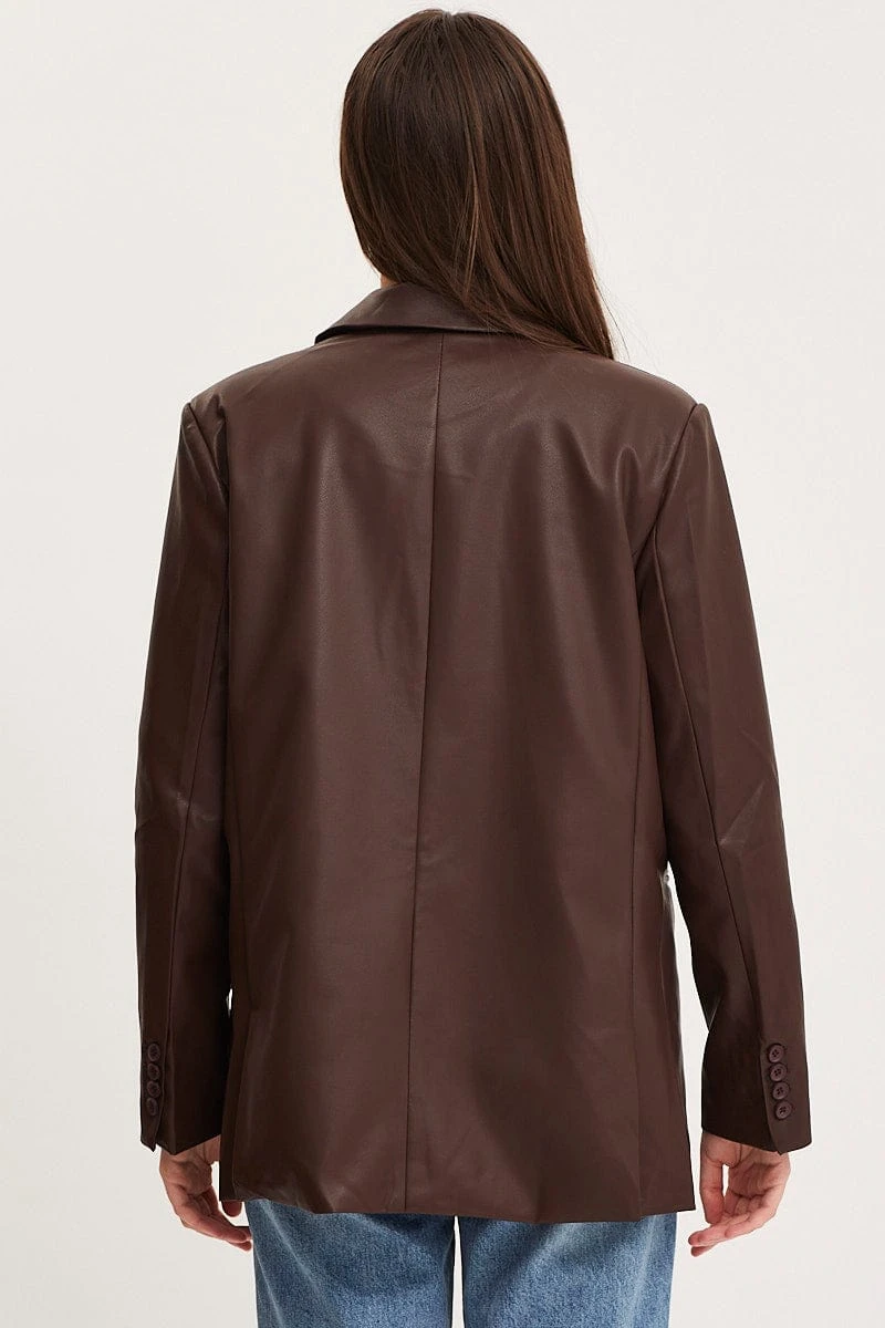 Brown Faux Leather Jacket Long Sleeve 7 Brown Faux Leather Jacket Long Sleeve - Image 5