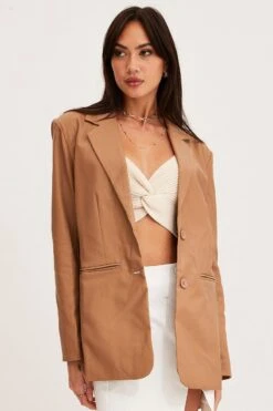 Beige Faux Leather Jacket Long Sleeve 12 Beige Faux Leather Jacket Long Sleeve -Women Clothing Shop blazer camel faux leather jacket long sleeve 32966635028673