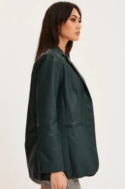 Green Faux Leather Jacket Long Sleeve -Women Clothing Shop blazer green faux leather jacket long sleeve 32966634537153