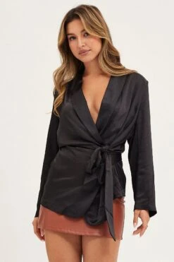 Black Wrap Jacket Long Sleeve -Women Clothing Shop bomber jacket black wrap jacket long sleeve 32966607143105