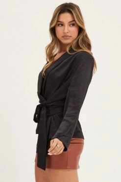 Black Wrap Jacket Long Sleeve -Women Clothing Shop bomber jacket black wrap jacket long sleeve 32966607175873