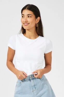 White T Shirt Short Sleeve Crew Neck Ruched Seamless -Women Clothing Shop bs1015b 39j white 3