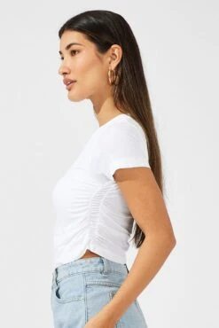 White T Shirt Short Sleeve Crew Neck Ruched Seamless -Women Clothing Shop bs1015b 39j white 4