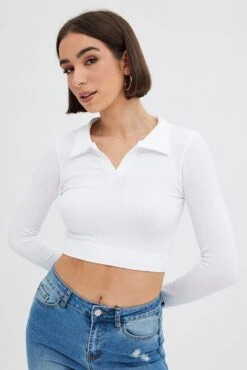 White Collar Top Long Sleeve Seamless