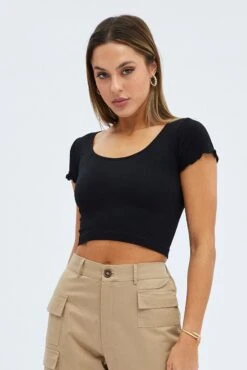 Black T Shirt Short Sleeve Scoop Neck Seamless