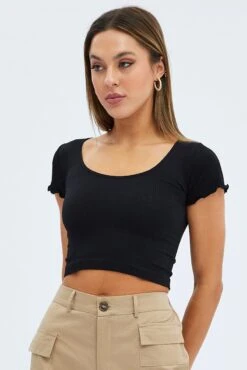 Black T Shirt Short Sleeve Scoop Neck Seamless -Women Clothing Shop bs1889 39j black 3