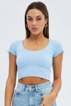 Blue T Shirt Short Sleeve Scoop Neck Seamless -Women Clothing Shop bs1889 39j light blue 3