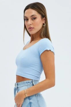 Blue T Shirt Short Sleeve Scoop Neck Seamless -Women Clothing Shop bs1889 39j light blue 4